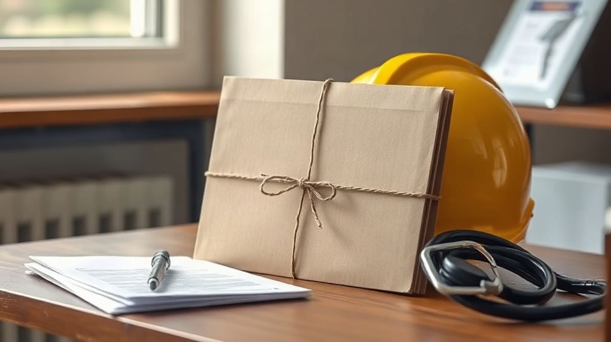 Dossier fermé, casque de chantier jaune et stéthoscope posés sur un bureau
