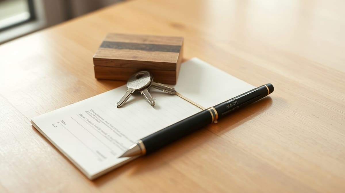 Clé de logement, stylo et carnet de reçus fermé posés sur une table